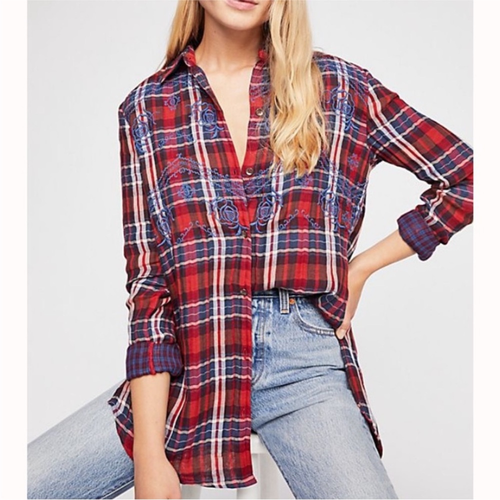Free People‎ Magical Plaid Shirt Embroidered Button Down Shirt Women’s Medium